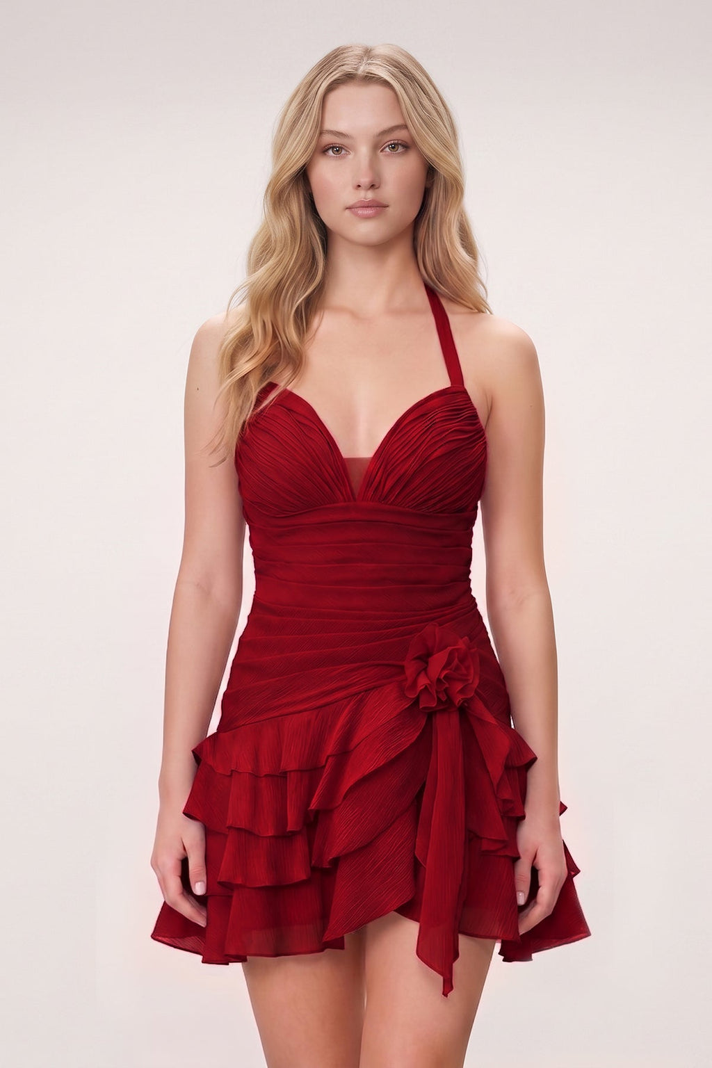 Brown Organza Halter A-Line Pleated Ruffled Homecoming Dress