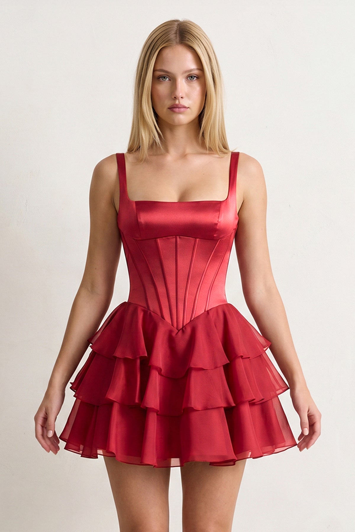 Burgundy Square Neck Satin Corset Ruffled A-Line Homecoming Dress