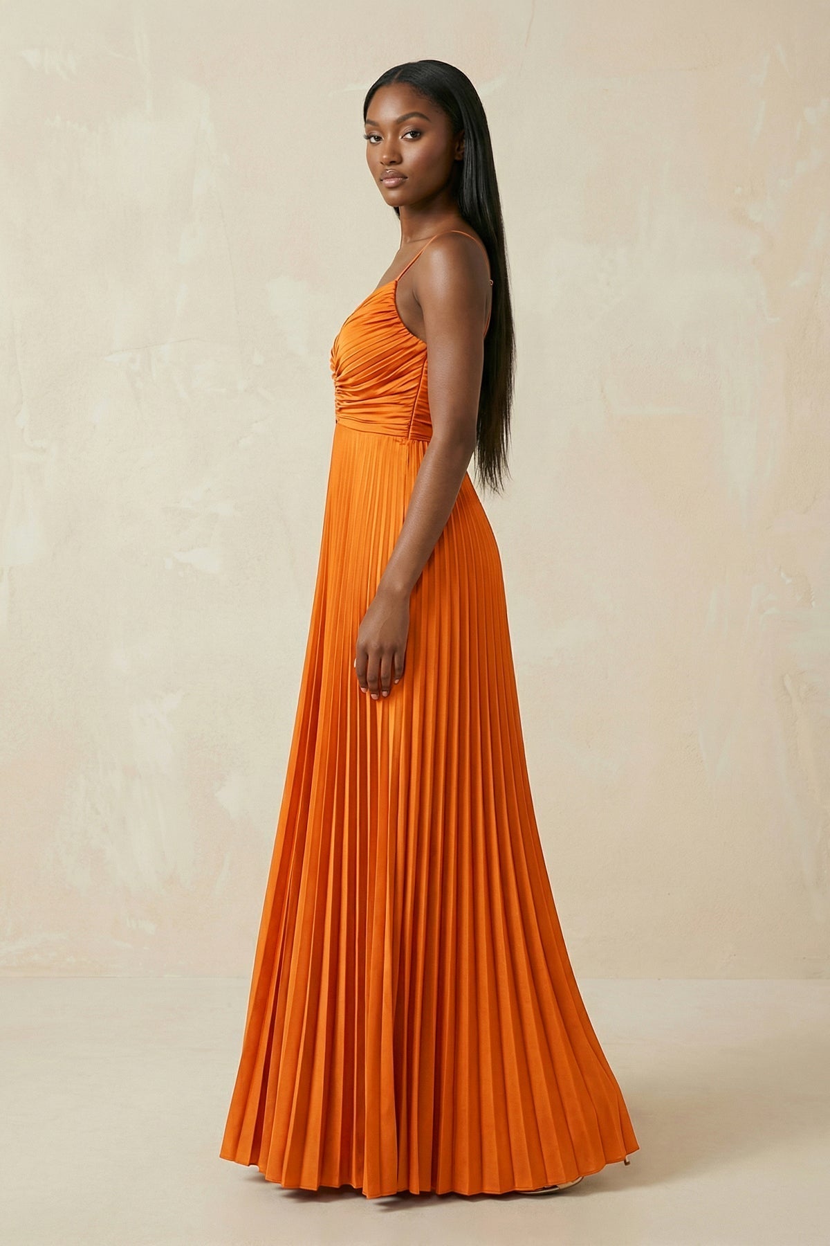 Cami Strap Pleated A-Line Bridesmaid Dress in Cinnamon