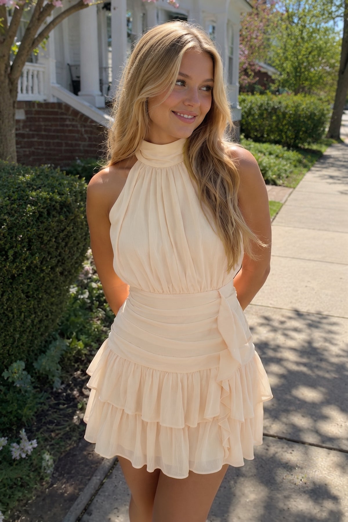 Candy Pink Halter Chiffon Tiered Ruffled A-Line Homecoming Dress