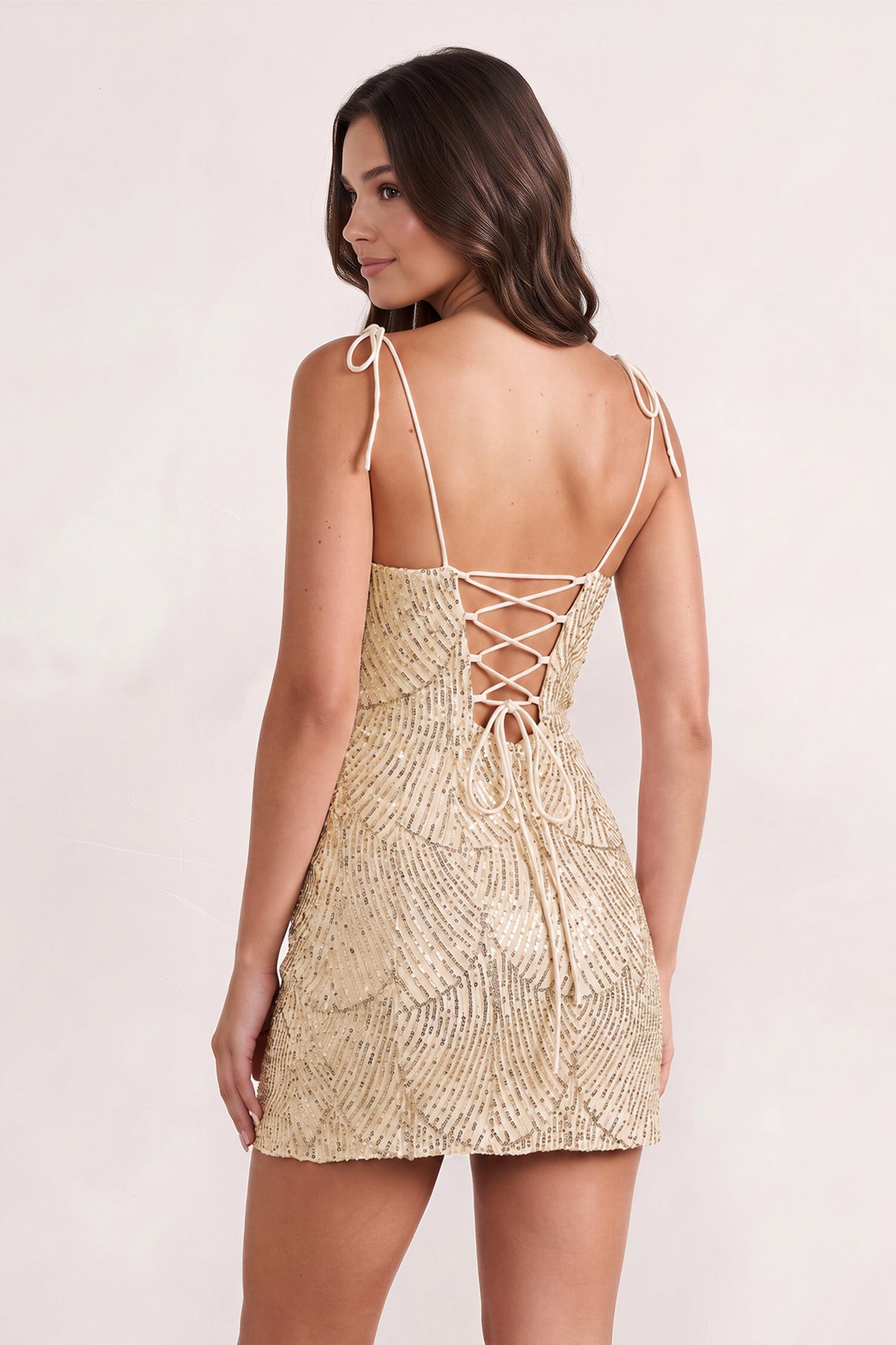 Pink Sparkly Sequin Sheath Bow Spaghetti Straps Homecoming Dress