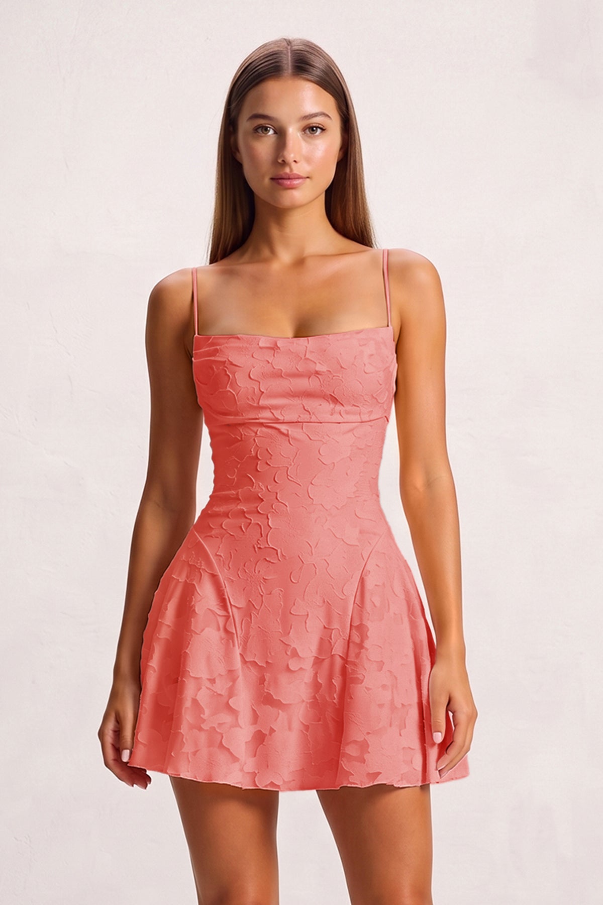 Pink Spaghetti Straps Jacquard Chiffon A-Line Homecoming Dress