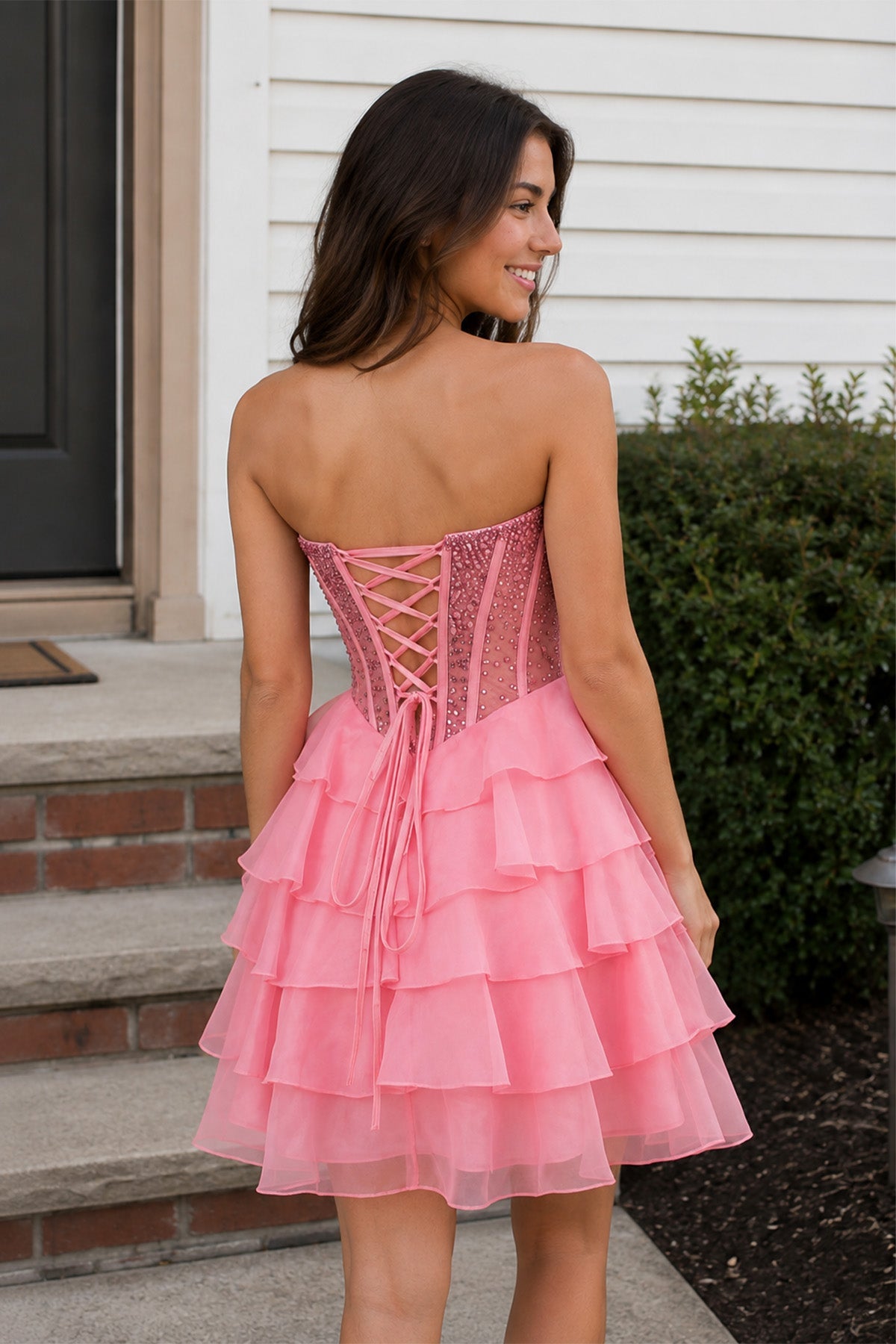 Coral Pink Sweetheart Tiered Ruffled A-Line Corset Chiffon Homecoming Dress