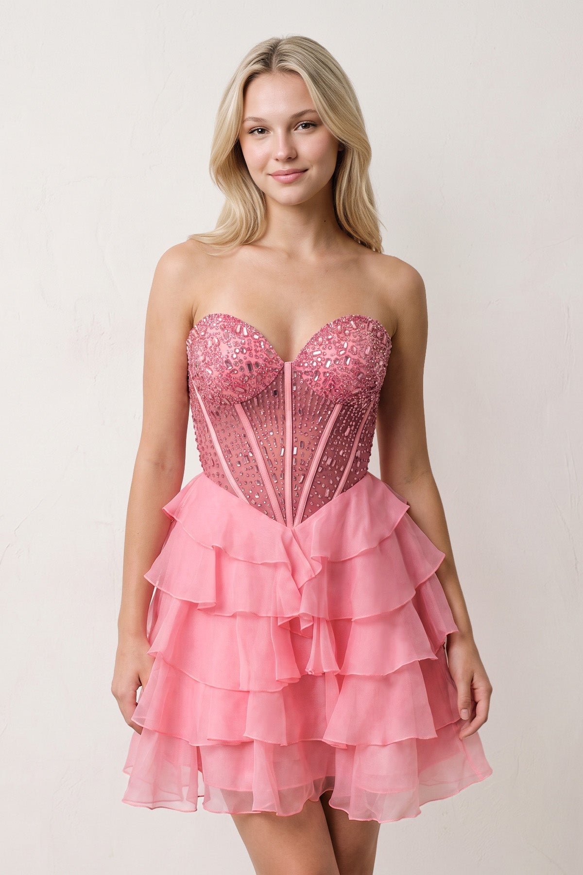 Coral Pink Sweetheart Tiered Ruffled A-Line Corset Chiffon Homecoming Dress