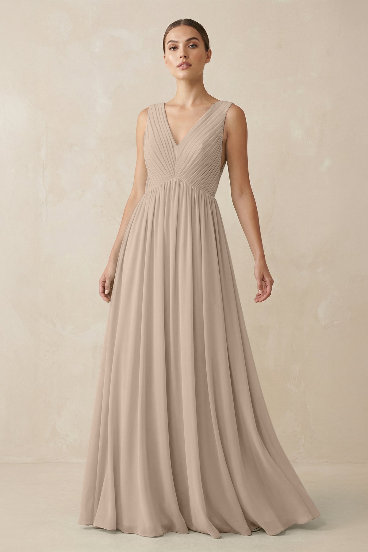 V-Neck Pleated A-Line Chiffon Bridesmaid Dress in Almond