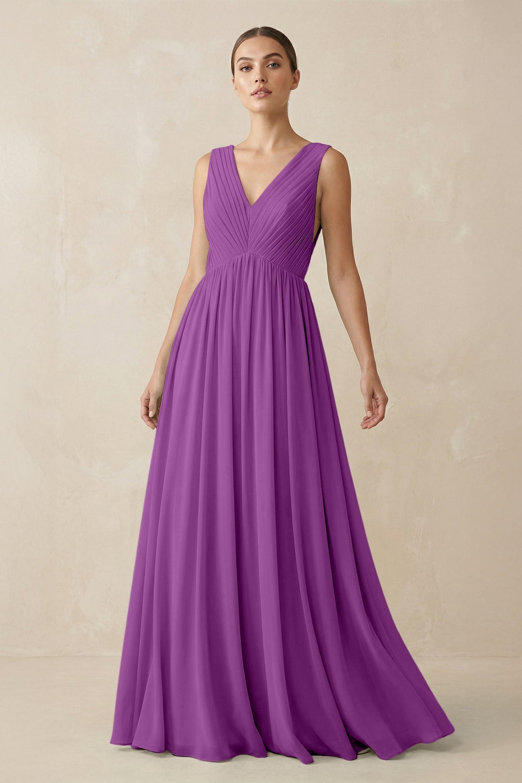 V-Neck Pleated A-Line Chiffon Bridesmaid Dress in Amethyst