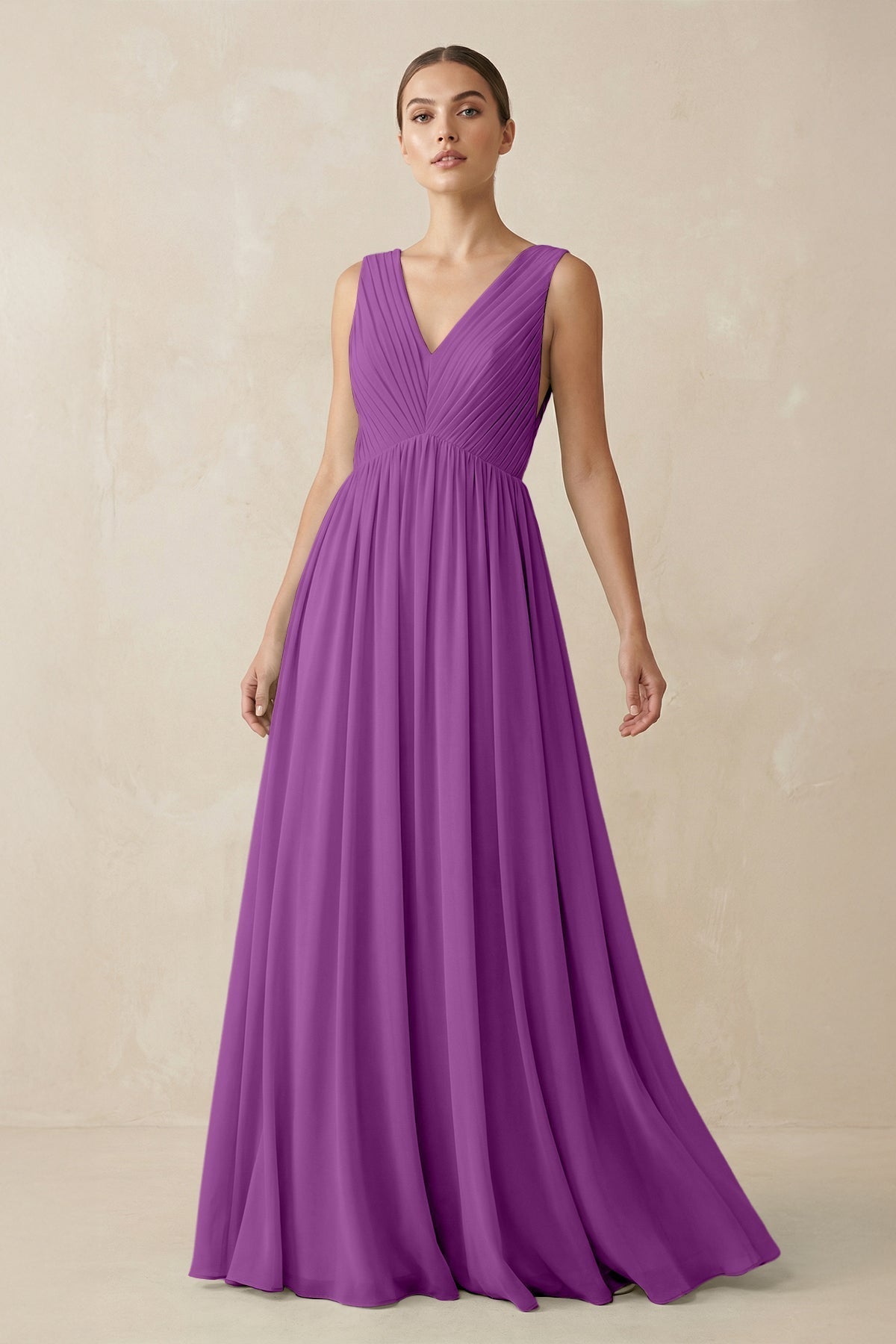 V-Neck Pleated A-Line Chiffon Bridesmaid Dress in Amethyst