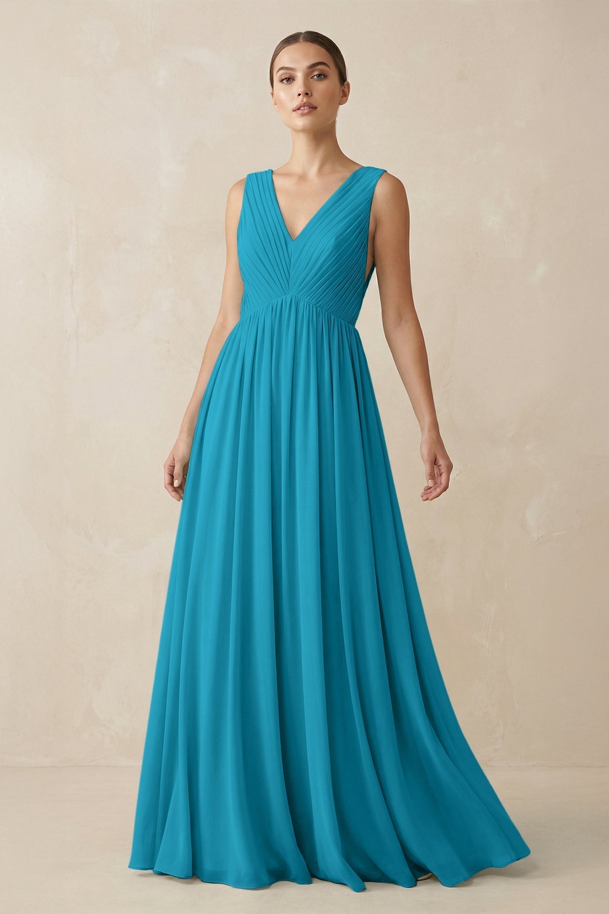V-Neck Pleated A-Line Chiffon Bridesmaid Dress in Blue Jay