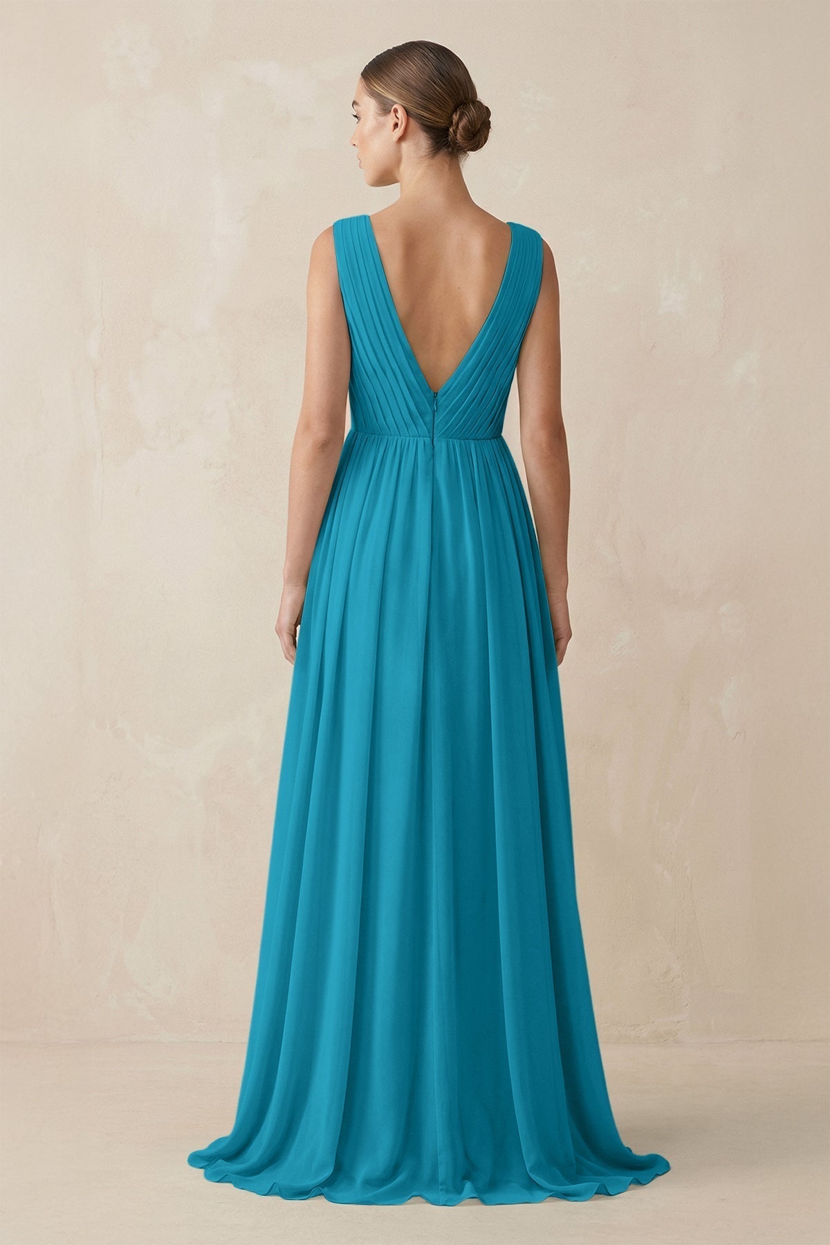 V-Neck Pleated A-Line Chiffon Bridesmaid Dress in Blue Jay
