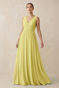 V-Neck Pleated A-Line Chiffon Bridesmaid Dress in Buttercup