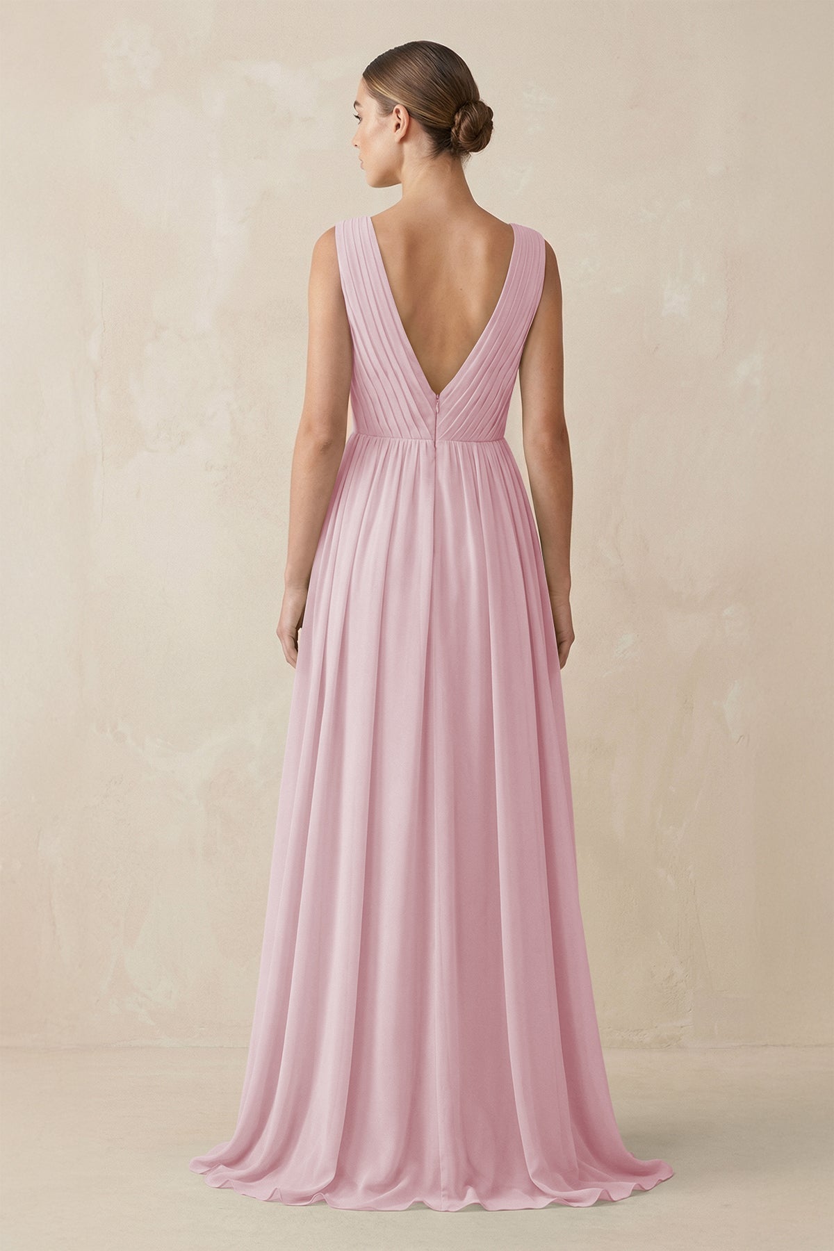 V-Neck Pleated A-Line Chiffon Bridesmaid Dress in Candy Pink