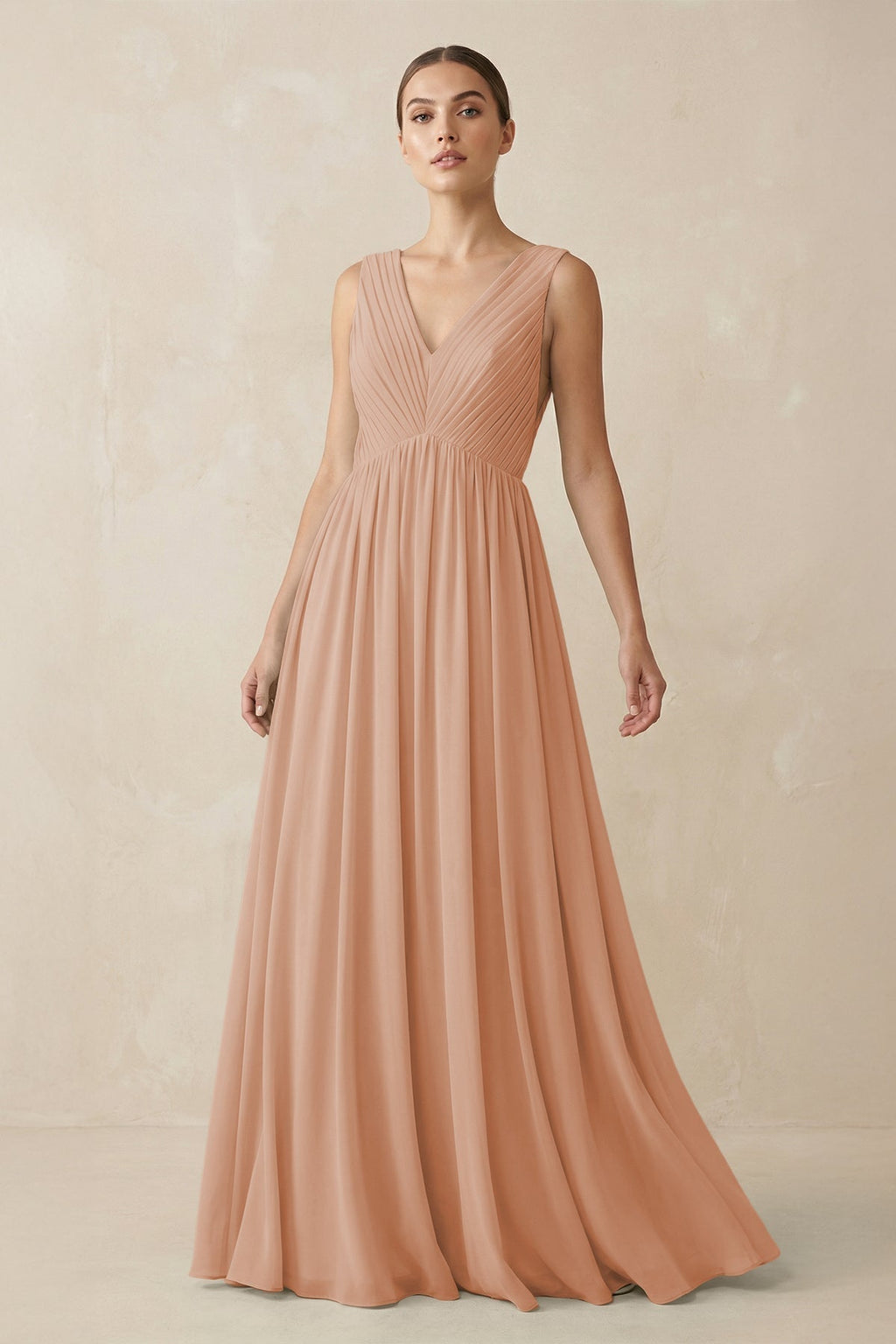 V-Neck Pleated A-Line Chiffon Bridesmaid Dress in Champagne Rose