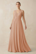 V-Neck Pleated A-Line Chiffon Bridesmaid Dress in Champagne Rose
