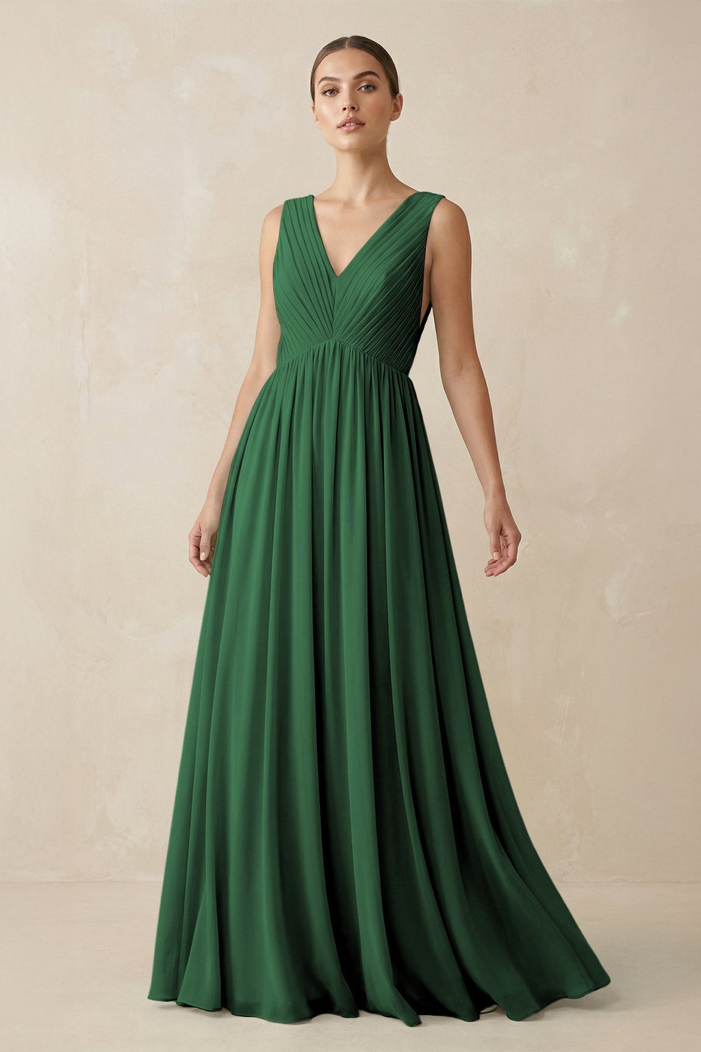 V-Neck Pleated A-Line Chiffon Bridesmaid Dress in Dark Green