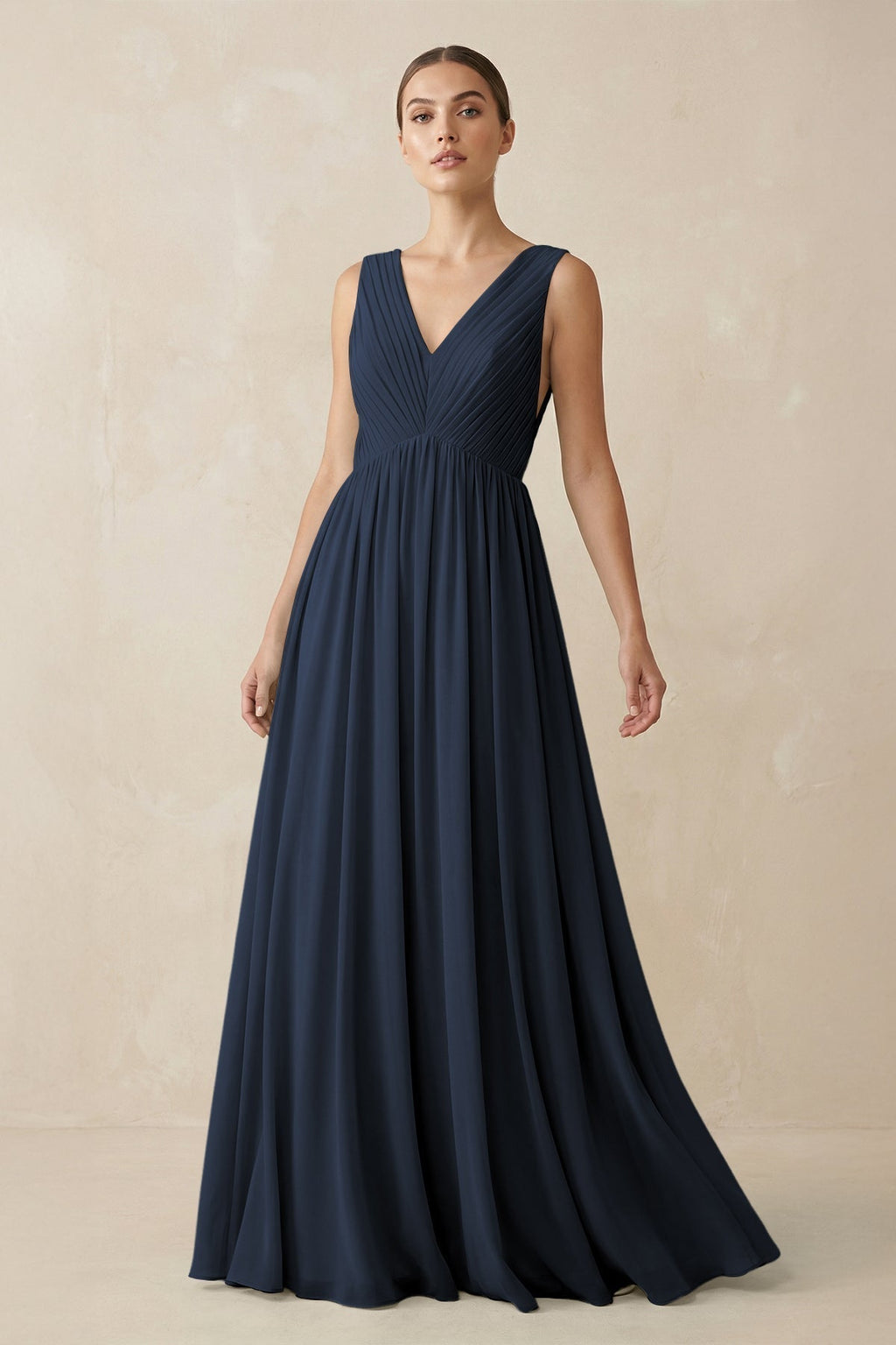 V-Neck Pleated A-Line Chiffon Bridesmaid Dress in Dark Navy