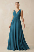 V-Neck Pleated A-Line Chiffon Bridesmaid Dress in Dark Teal
