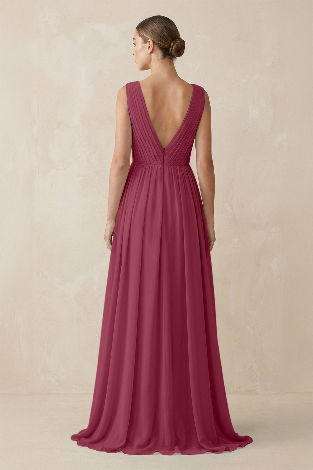 V-Neck Pleated A-Line Chiffon Bridesmaid Dress in Desert Rose