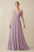V-Neck Pleated A-Line Chiffon Bridesmaid Dress in Dusk