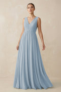 V-Neck Pleated A-Line Chiffon Bridesmaid Dress in Dusty Blue
