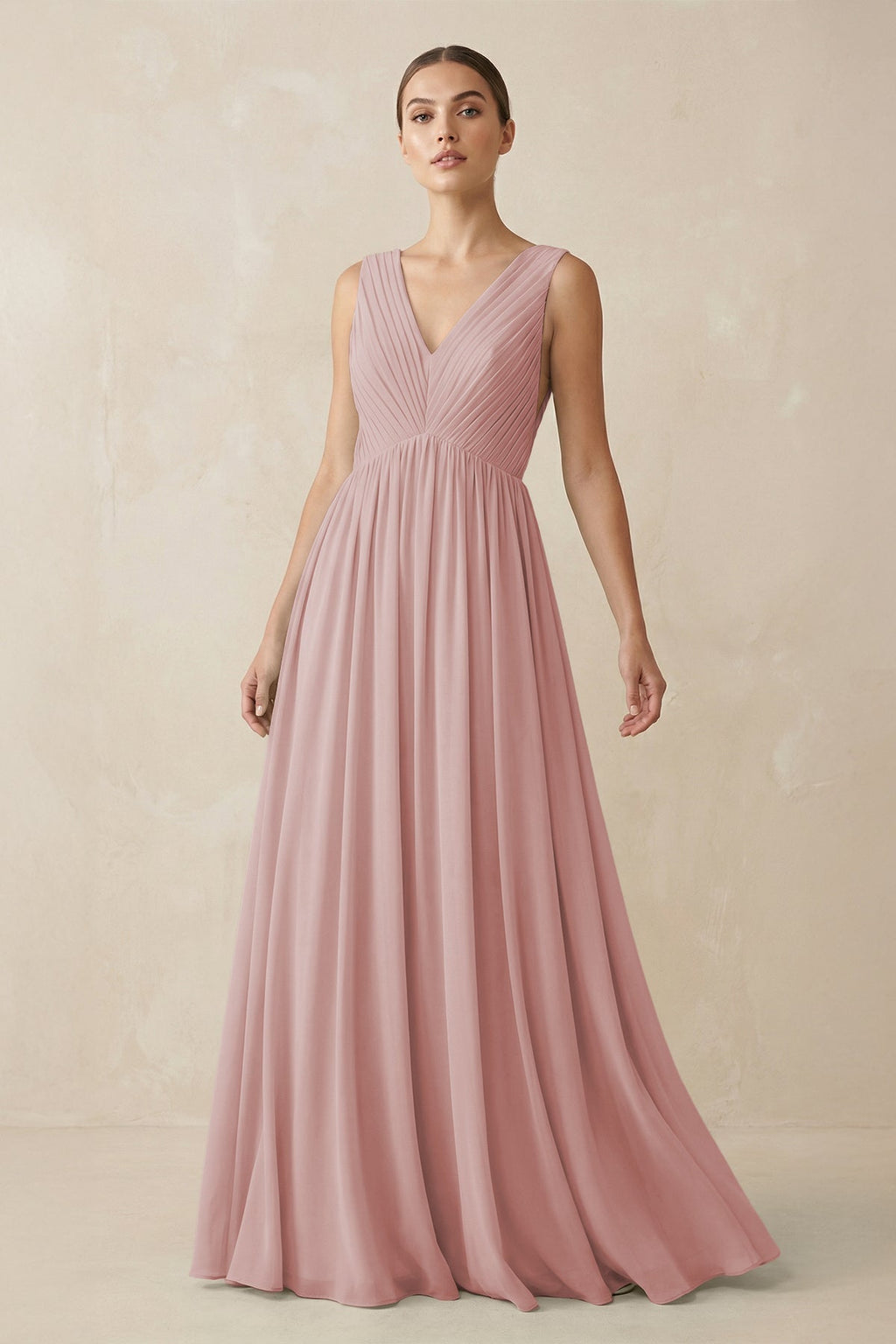 V-Neck Pleated A-Line Chiffon Bridesmaid Dress in Dusty Rose