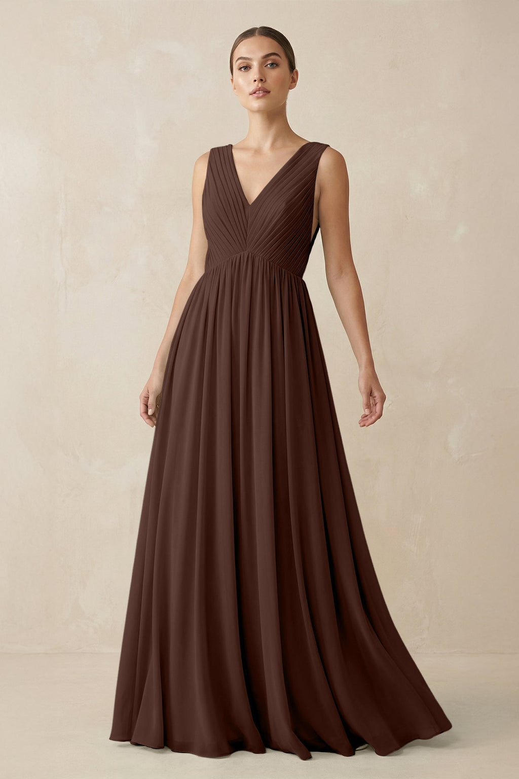 V-Neck Pleated A-Line Chiffon Bridesmaid Dress in Espresso