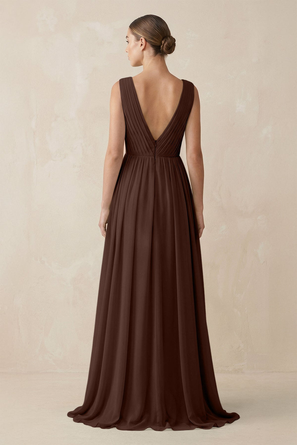 V-Neck Pleated A-Line Chiffon Bridesmaid Dress in Espresso