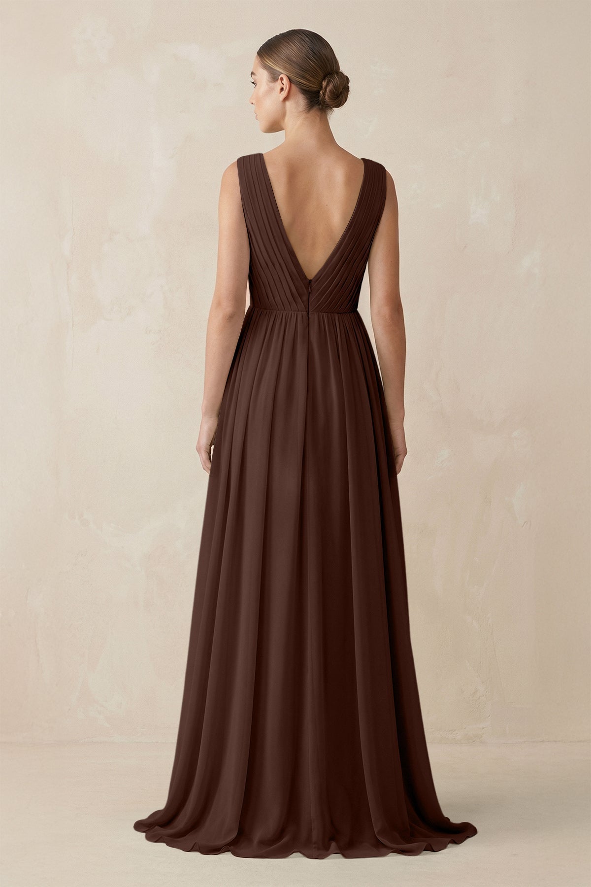 V-Neck Pleated A-Line Chiffon Bridesmaid Dress in Espresso