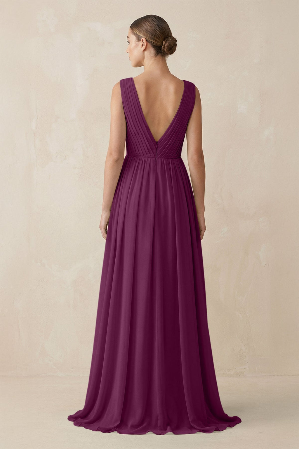 V-Neck Pleated A-Line Chiffon Bridesmaid Dress in Fig