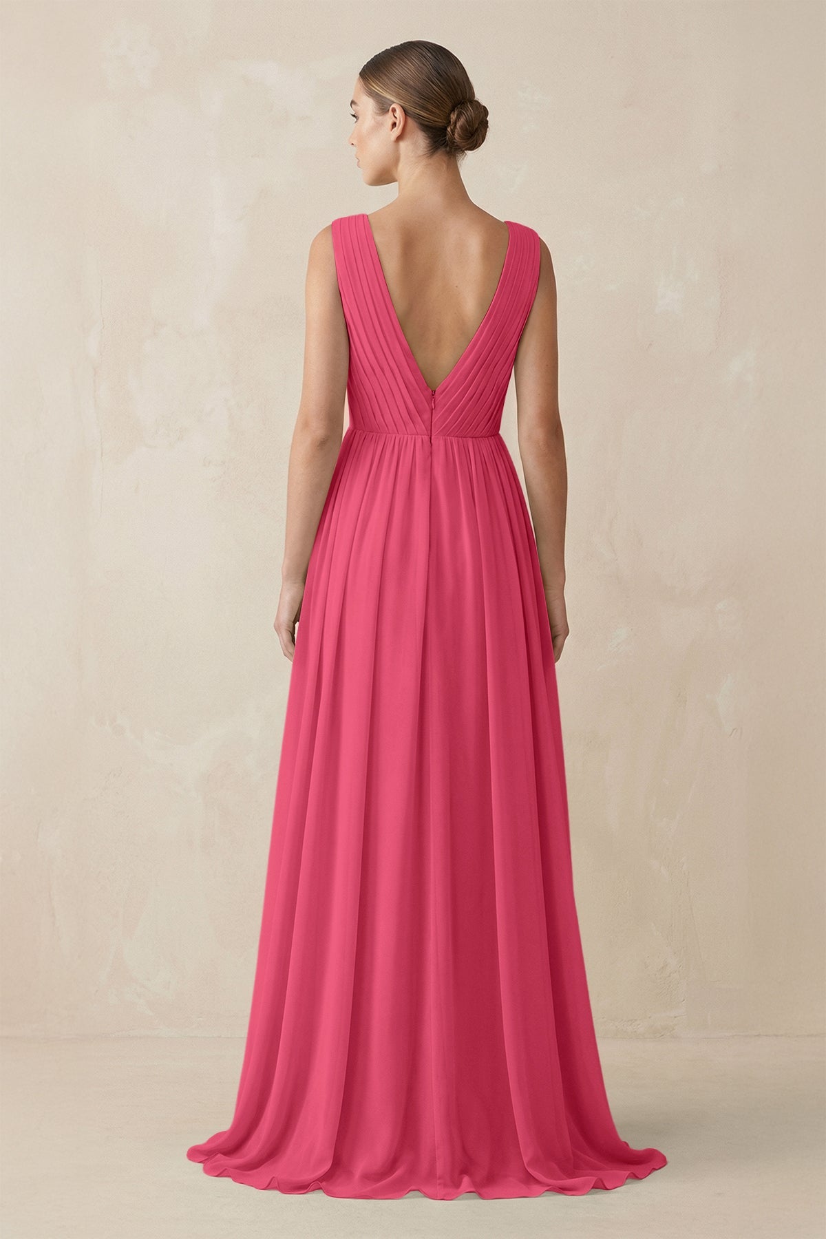 V-Neck Pleated A-Line Chiffon Bridesmaid Dress in Fuchsia