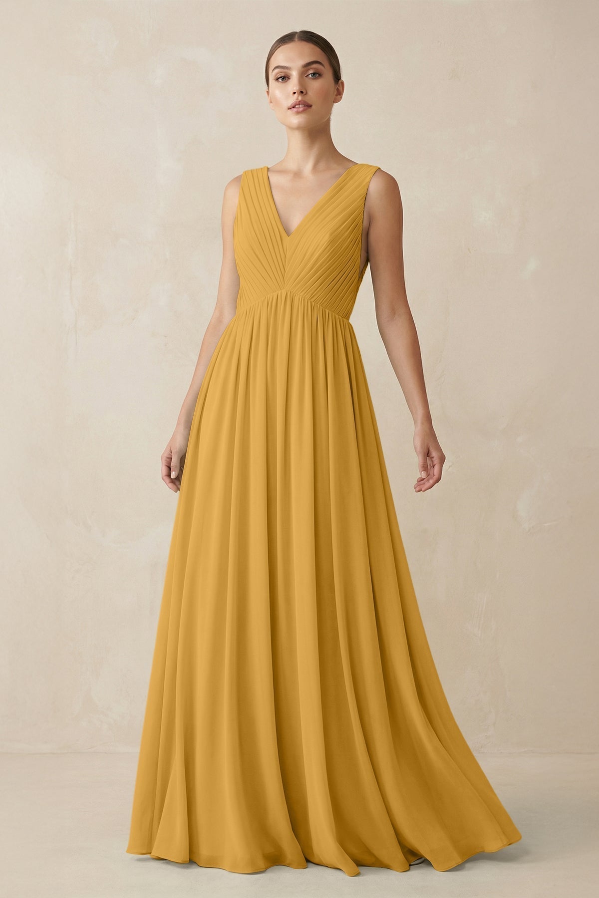 V-Neck Pleated A-Line Chiffon Bridesmaid Dress in Marigold