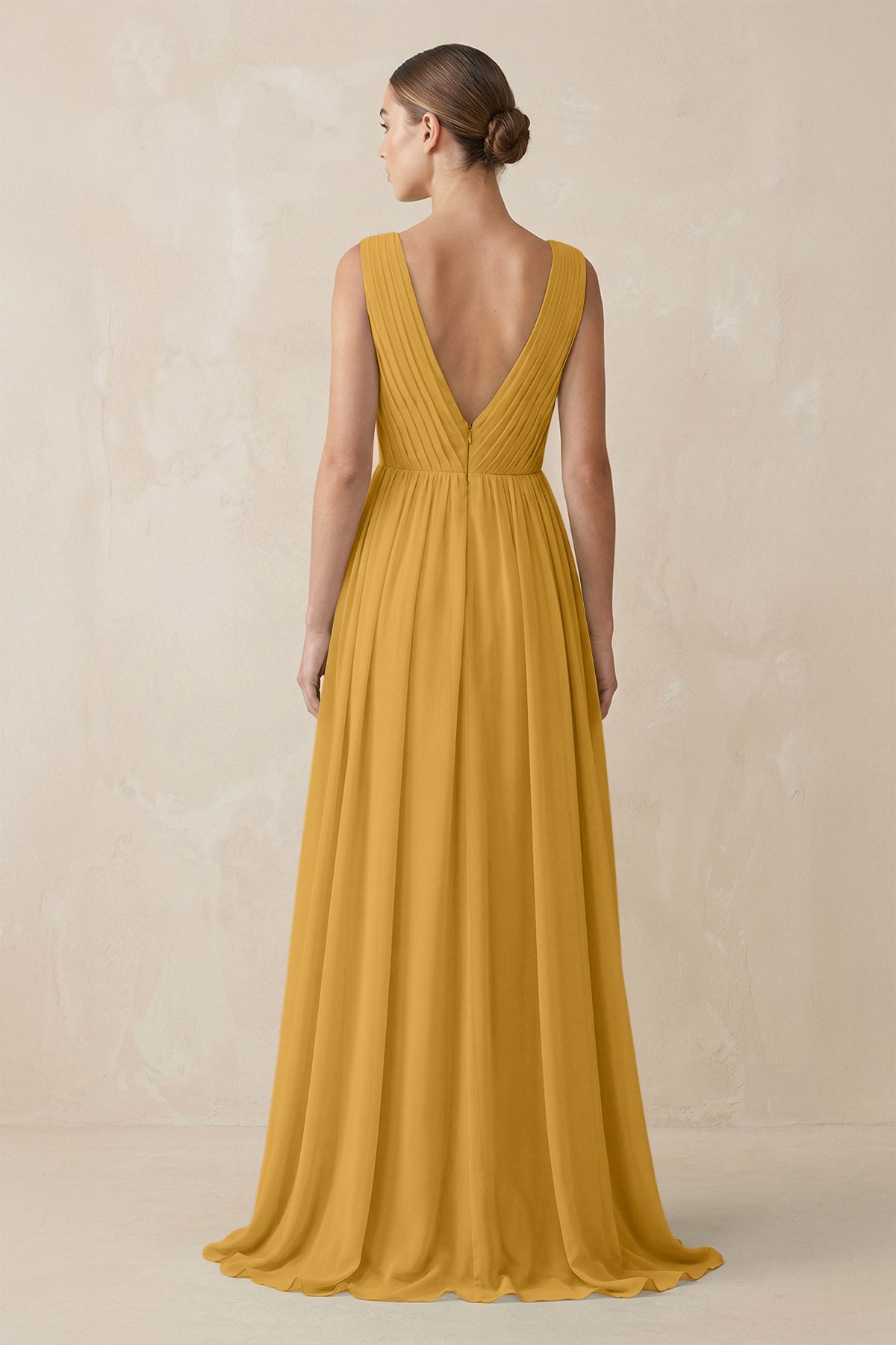 V-Neck Pleated A-Line Chiffon Bridesmaid Dress in Marigold