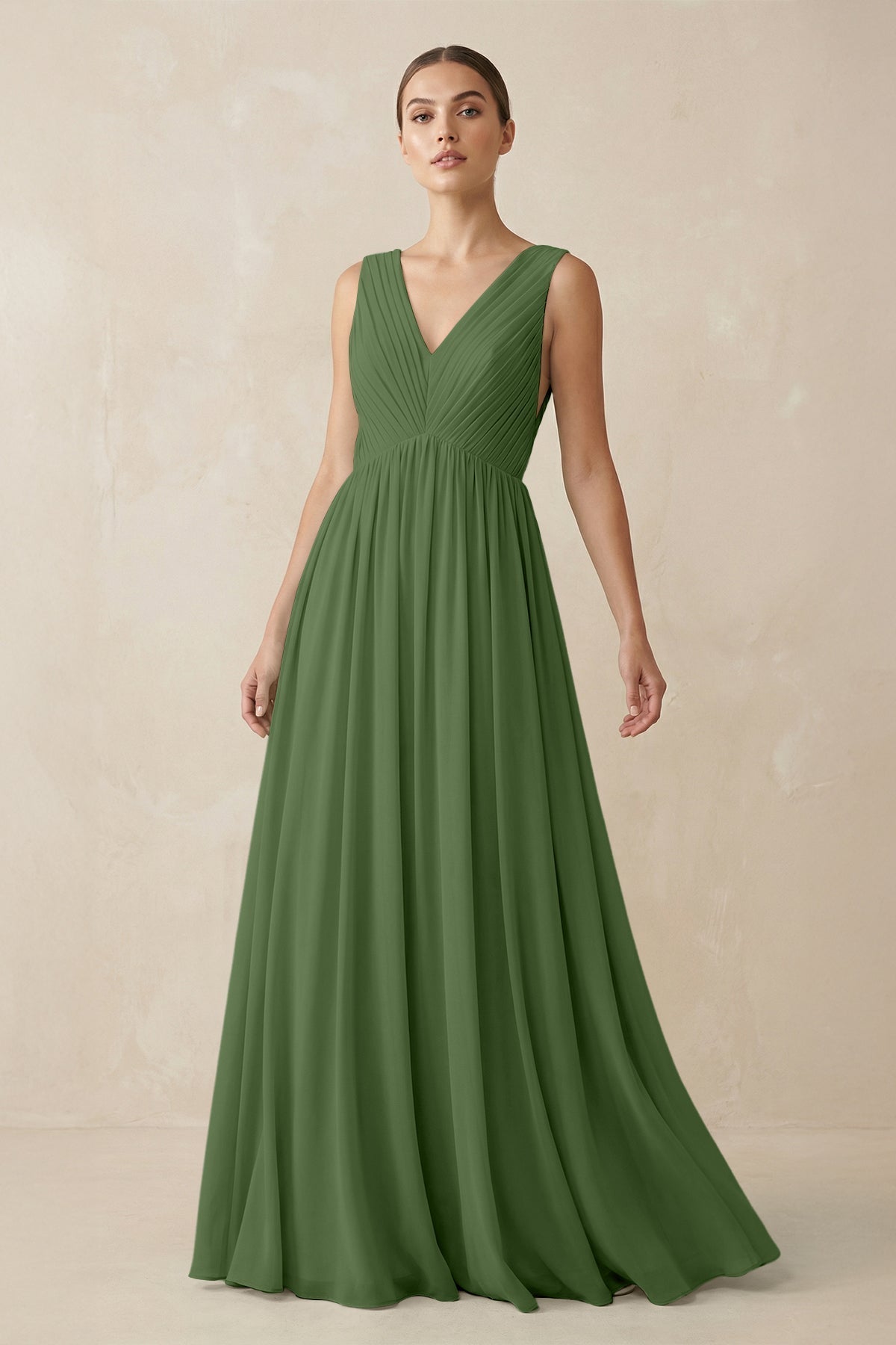 V-Neck Pleated A-Line Chiffon Bridesmaid Dress in Moss