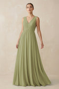 V-Neck Pleated A-Line Chiffon Bridesmaid Dress in Moss Green
