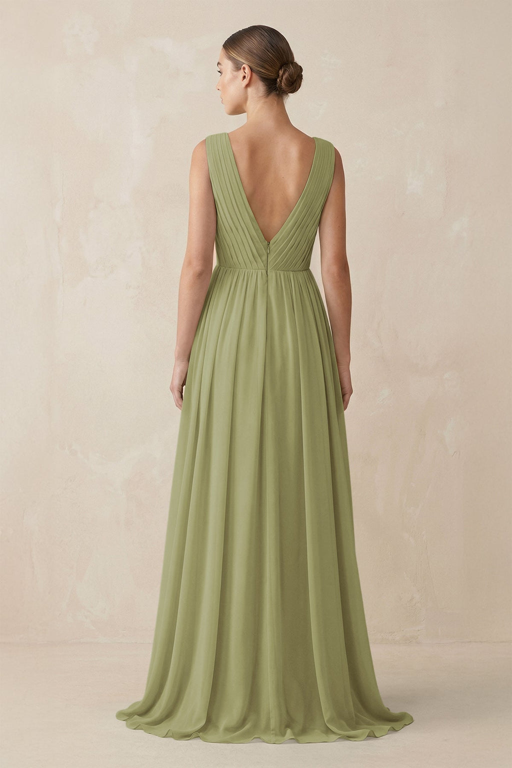 V-Neck Pleated A-Line Chiffon Bridesmaid Dress in Moss Green