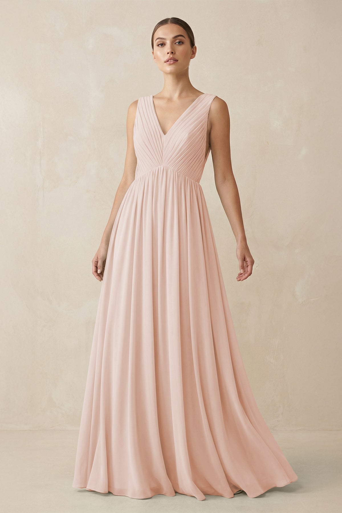 V-Neck Pleated A-Line Chiffon Bridesmaid Dress in Pale Blush