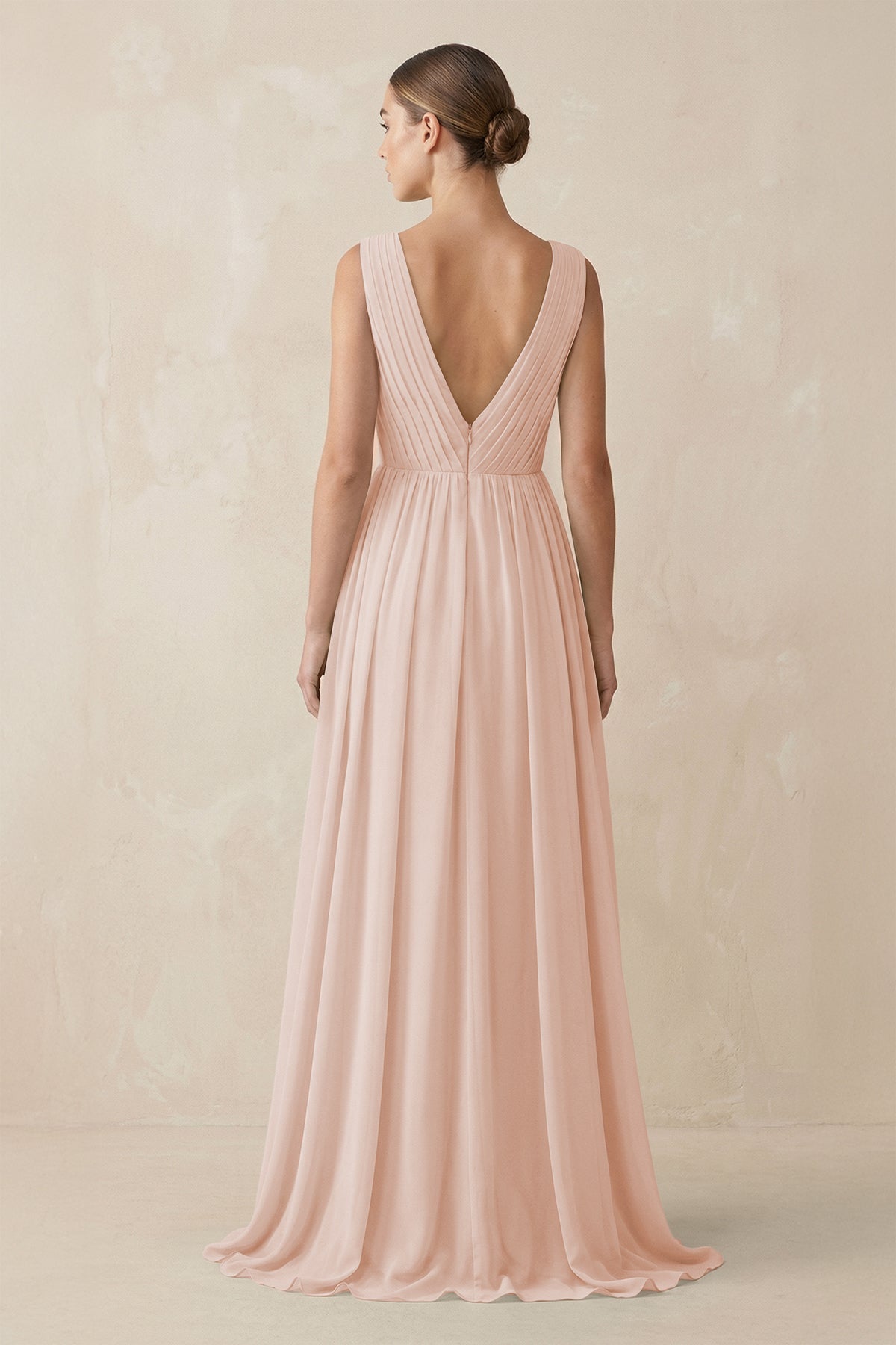 V-Neck Pleated A-Line Chiffon Bridesmaid Dress in Pale Blush