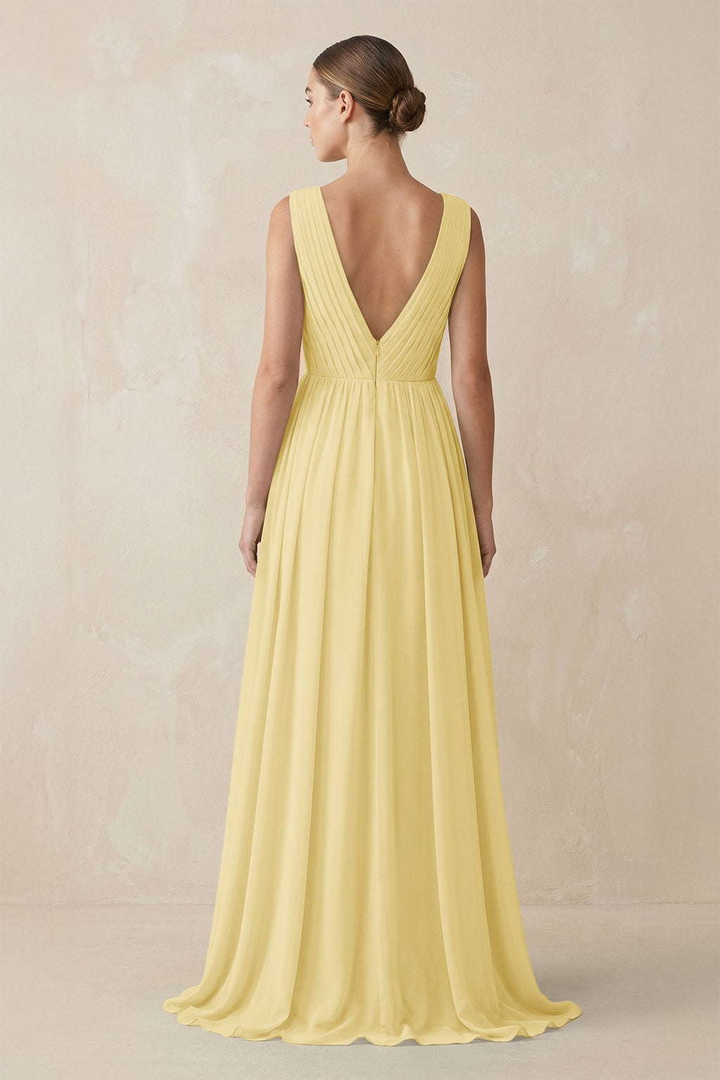 V-Neck Pleated A-Line Chiffon Bridesmaid Dress in Pastel Yellow