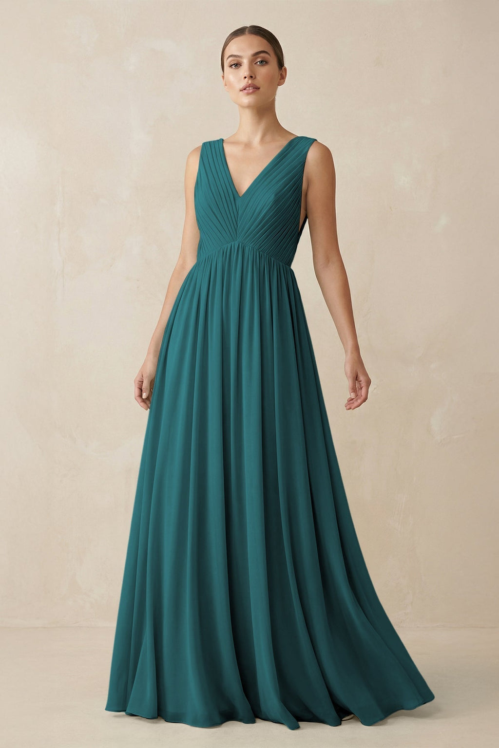 V-Neck Pleated A-Line Chiffon Bridesmaid Dress in Pine