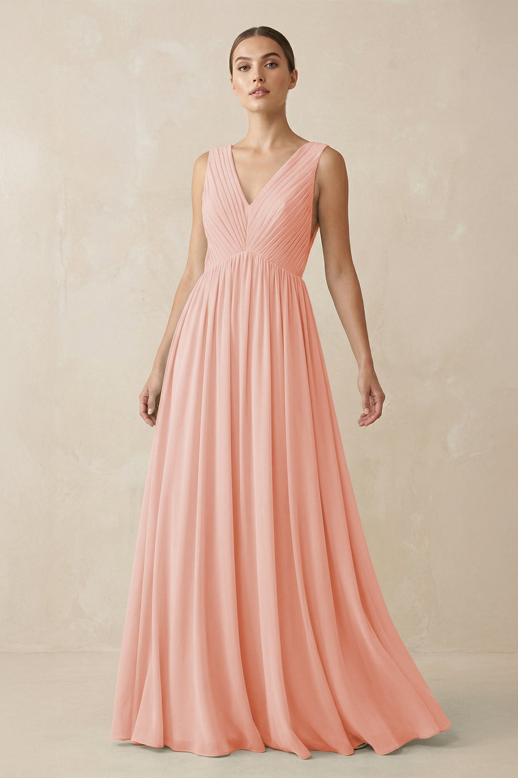 V-Neck Pleated A-Line Chiffon Bridesmaid Dress in Rose Petal