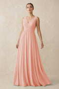 V-Neck Pleated A-Line Chiffon Bridesmaid Dress in Rose Petal
