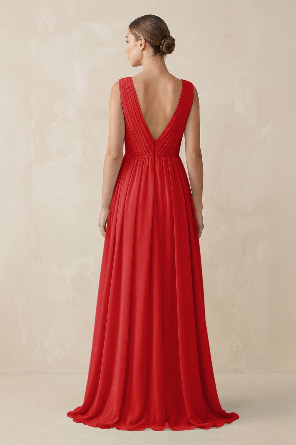 V-Neck Pleated A-Line Chiffon Bridesmaid Dress in Ruby Red