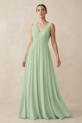 V-Neck Pleated A-Line Chiffon Bridesmaid Dress in Sage
