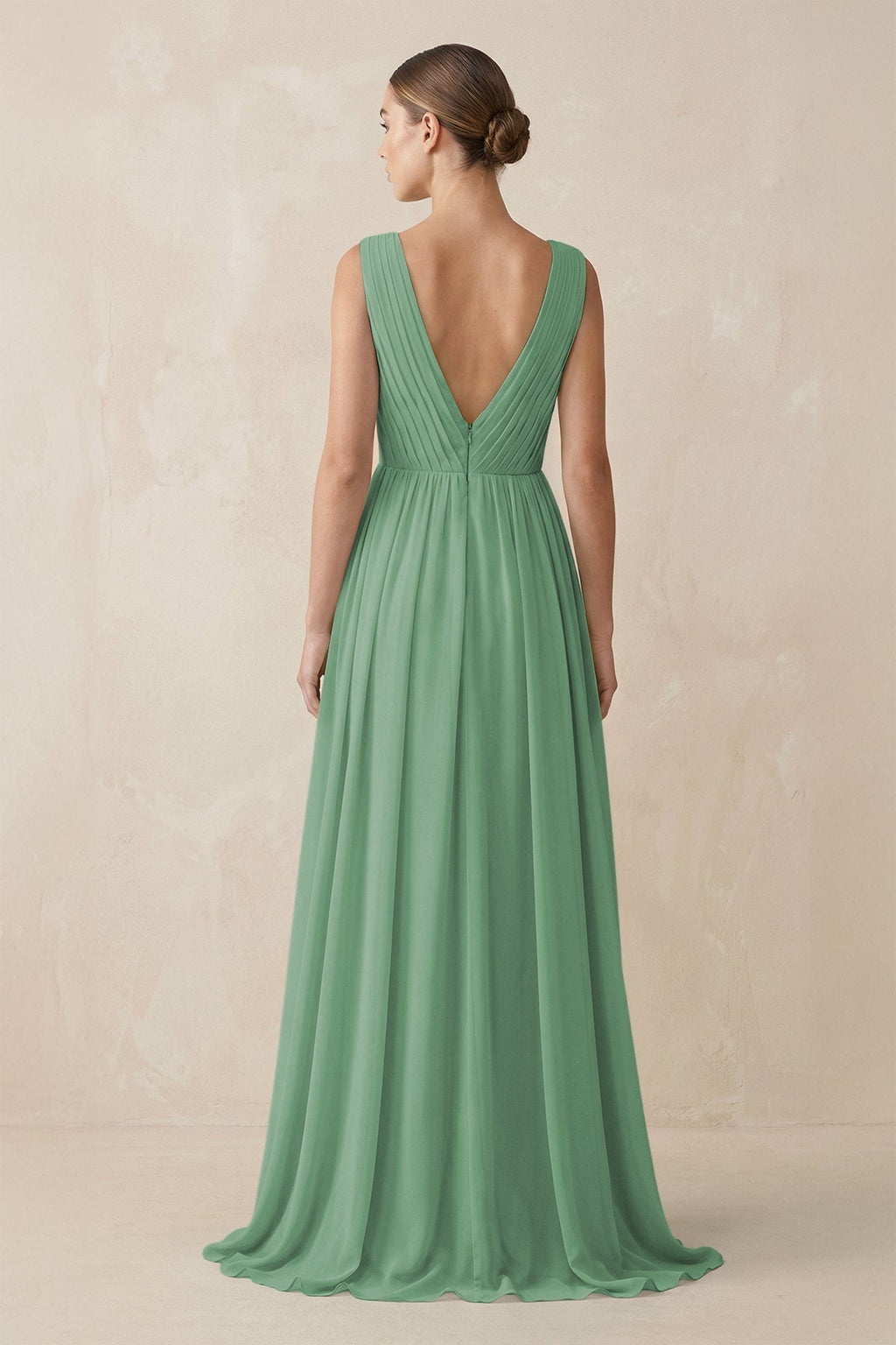 V-Neck Pleated A-Line Chiffon Bridesmaid Dress in Sea Glass