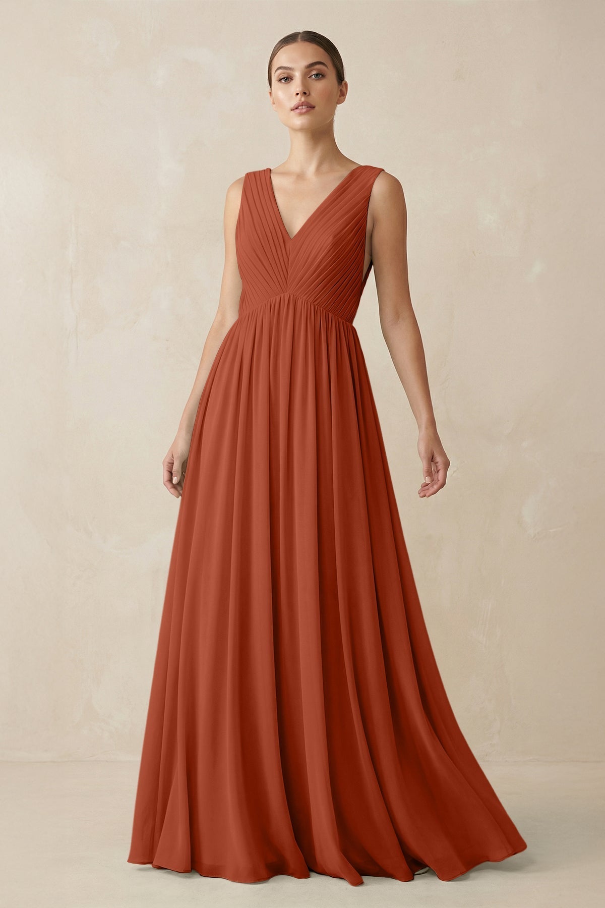 V-Neck Pleated A-Line Chiffon Bridesmaid Dress in Spice