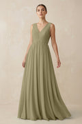 V-Neck Pleated A-Line Chiffon Bridesmaid Dress in Thyme