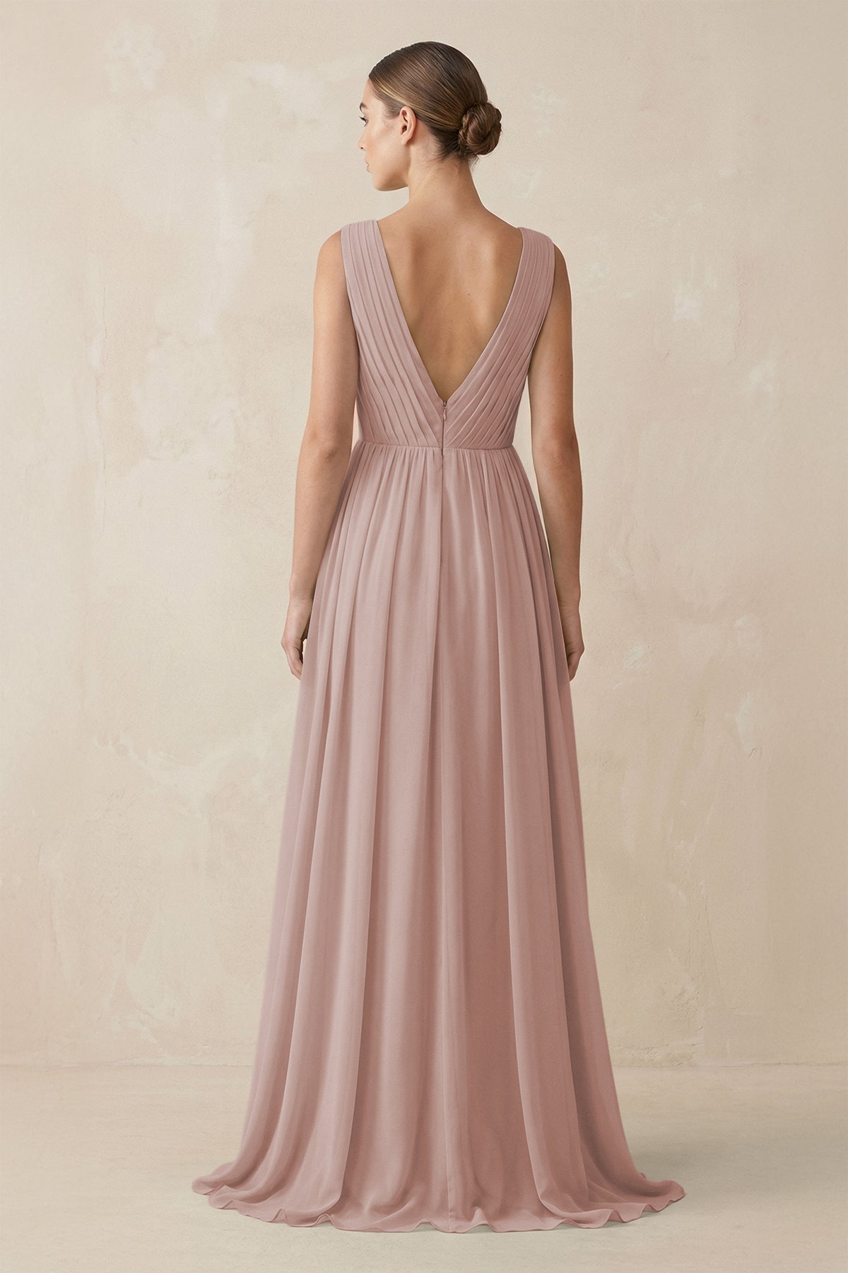 V-Neck Pleated A-Line Chiffon Bridesmaid Dress in Toffee