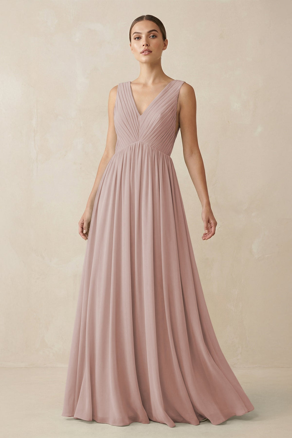 V-Neck Pleated A-Line Chiffon Bridesmaid Dress in Toffee