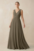 V-Neck Pleated A-Line Chiffon Bridesmaid Dress in Willow Green