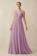 V-Neck Pleated A-Line Chiffon Bridesmaid Dress in Wisteria
