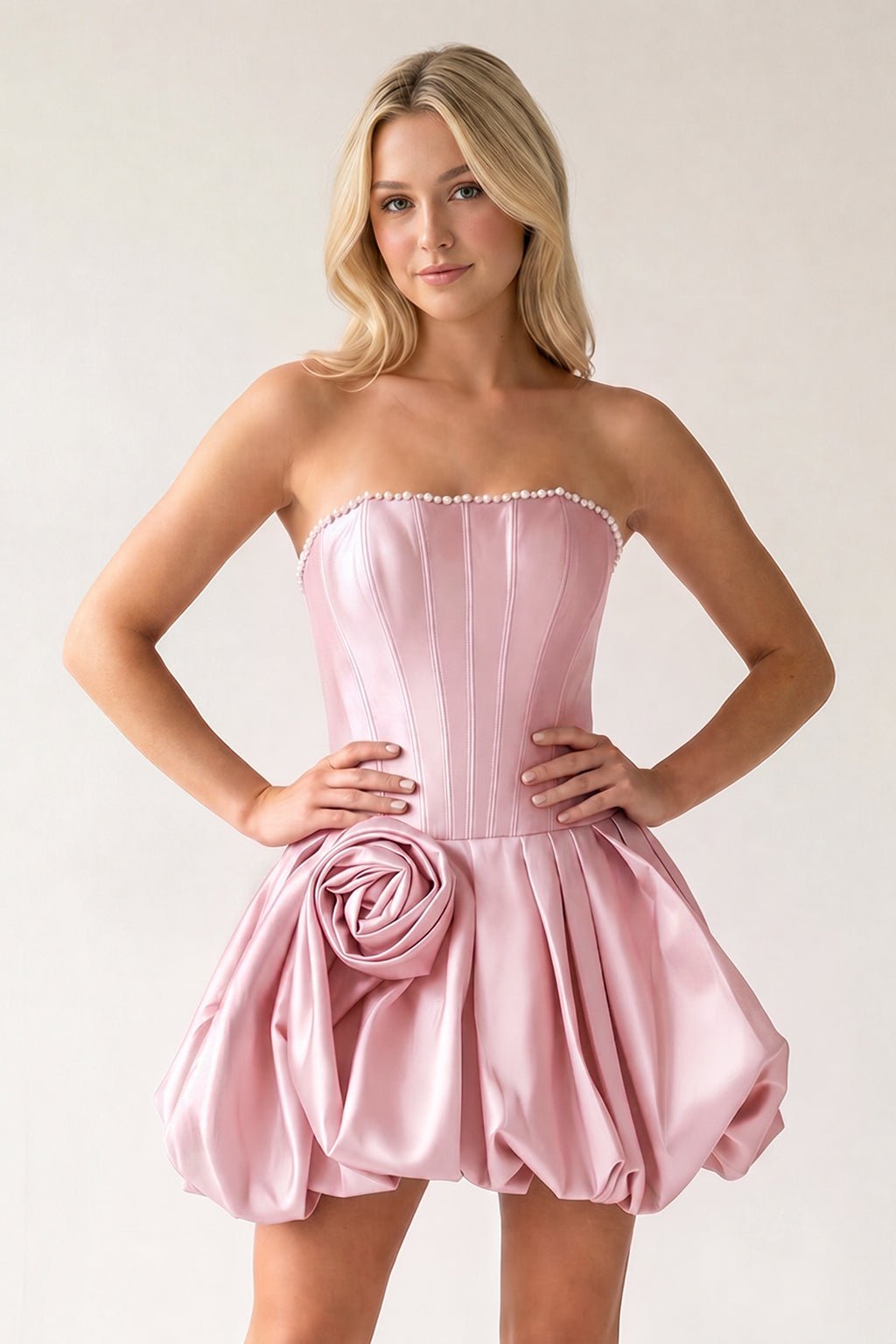 Fuchsia A-Line Bubble Hem Satin Strapless Corset Homecoming Dress